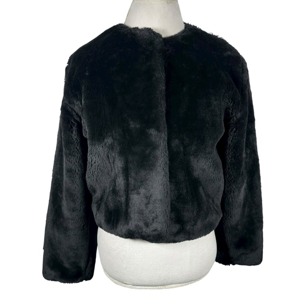 Duffel Outdoor Black Faux Fur Plush Jacket Bolero Crop Cozy Soft Winter Size S - Picture 2 of 11